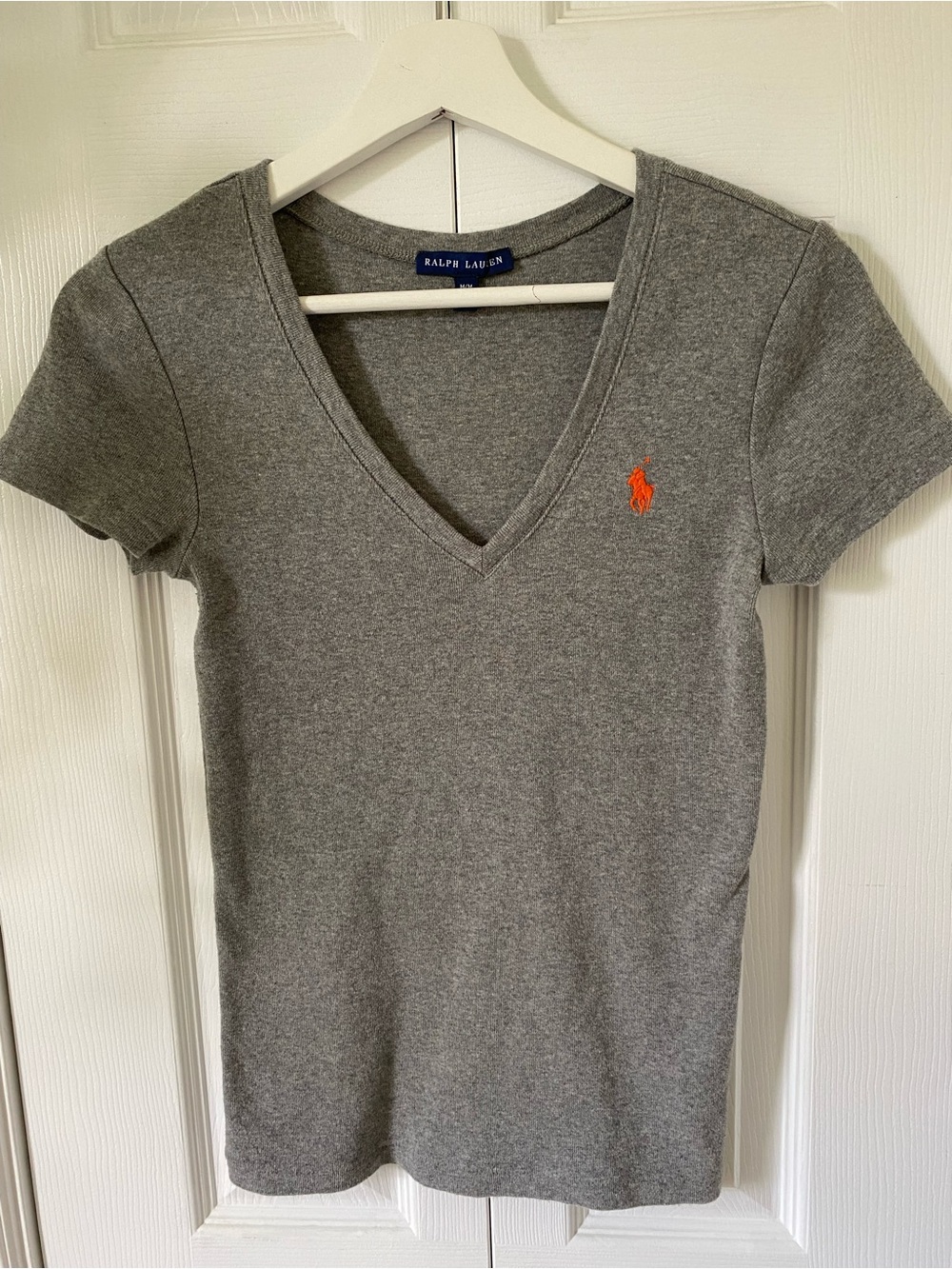 Ralph Lauren Gray V-Neck Short Sleeve Tee with Orange Polo Pony logo sz Medium